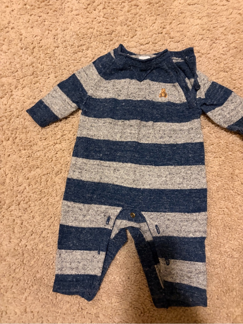Baby Gap Navy and Gray Striped Knit Baby Footie with Bear Embroidery
